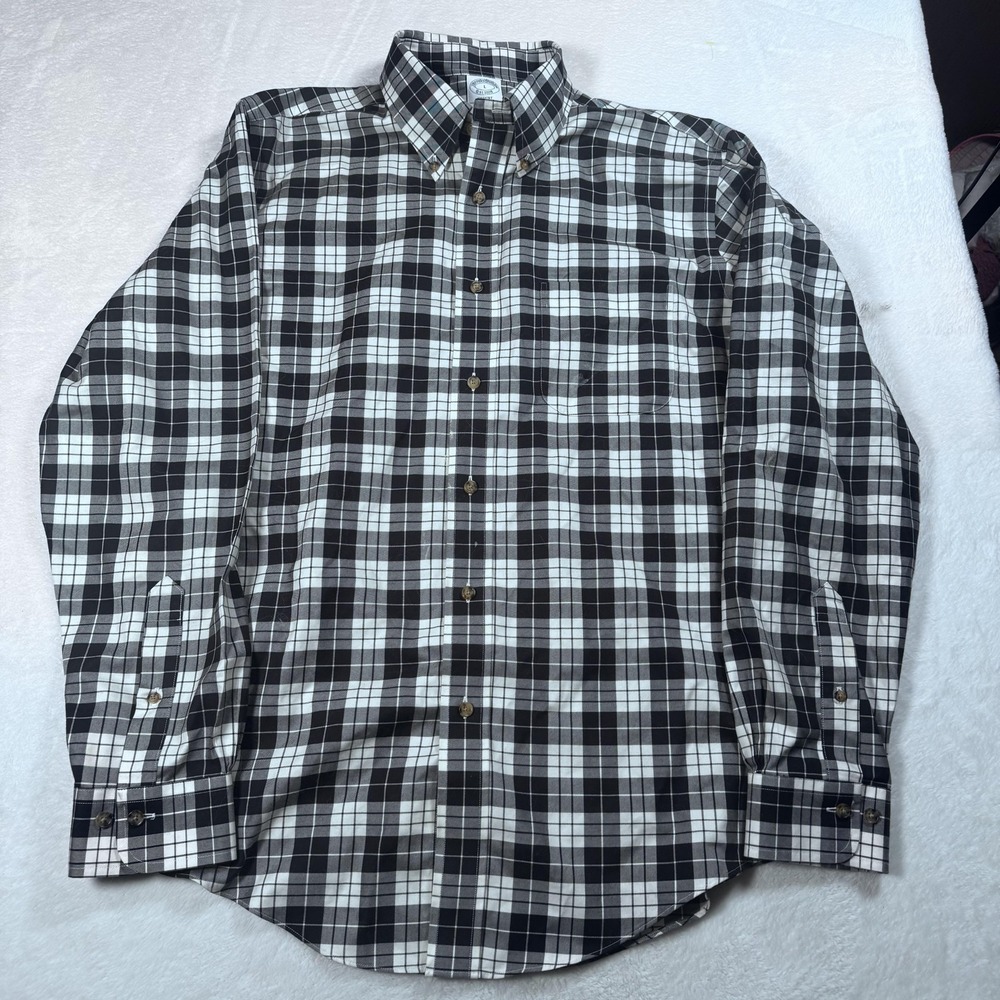 Brooks Brothers Regent Shirt Mens Large Black Plaid Slim Non Iron Supima Cotton